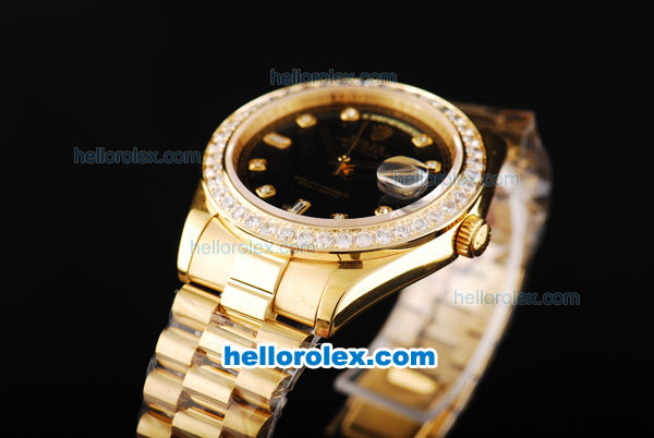 Rolex Day Date II Automatic Movement Full Gold with Diamond Bezel-Black Dial and Diamond Markers - Click Image to Close